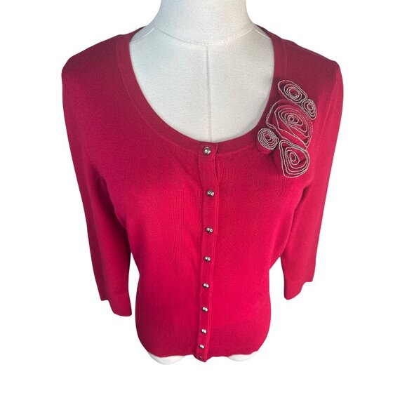 2/$30 White House Black Market Small Red Cardigan Sweater Embellished Shoulder - Picture 8 of 16